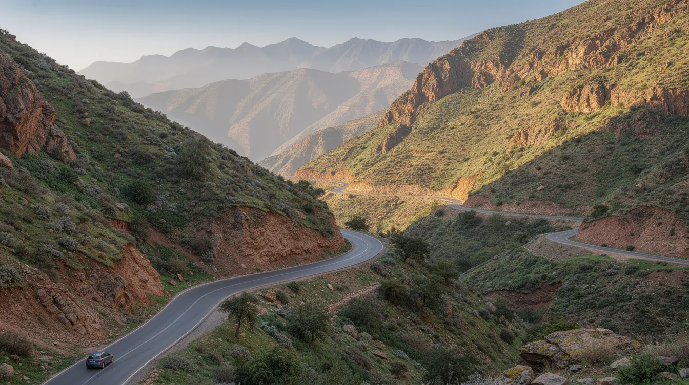 طريق متعرج عبر جبال الأطلس الخضراء في المغرب، مع سيارة في الأفق.