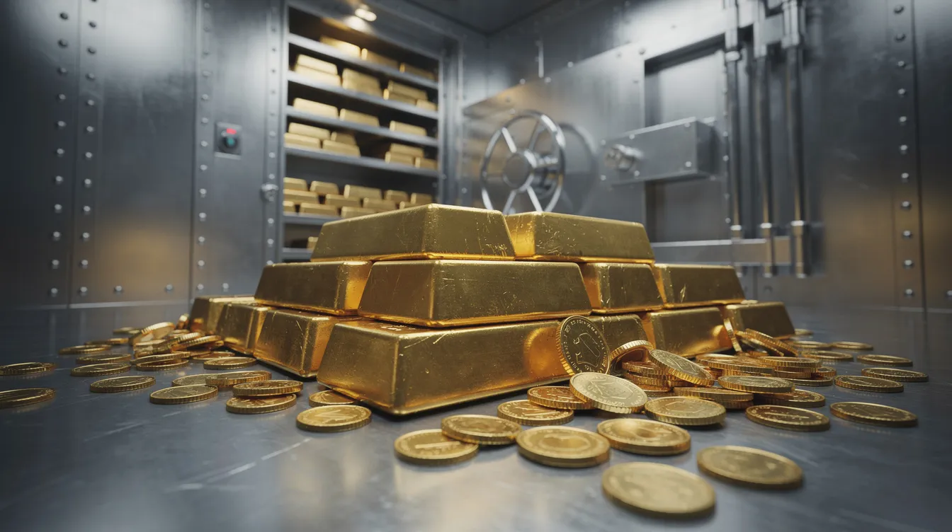 The image depicts a secure vault filled with gold bars and coins, showcasing a variety of physical precious metals, including gold and silver coins, emphasizing the importance of precious metals investing for retirement savings. This setting highlights the value of investing in the precious metals market and the potential for significant financial security.