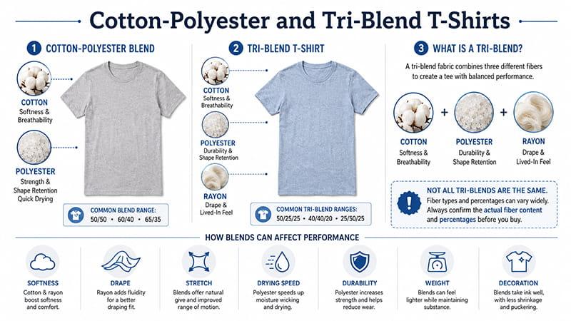 Cotton polyester blend and tri-blend T-shirt fabrics compared for softness, durability, and performance