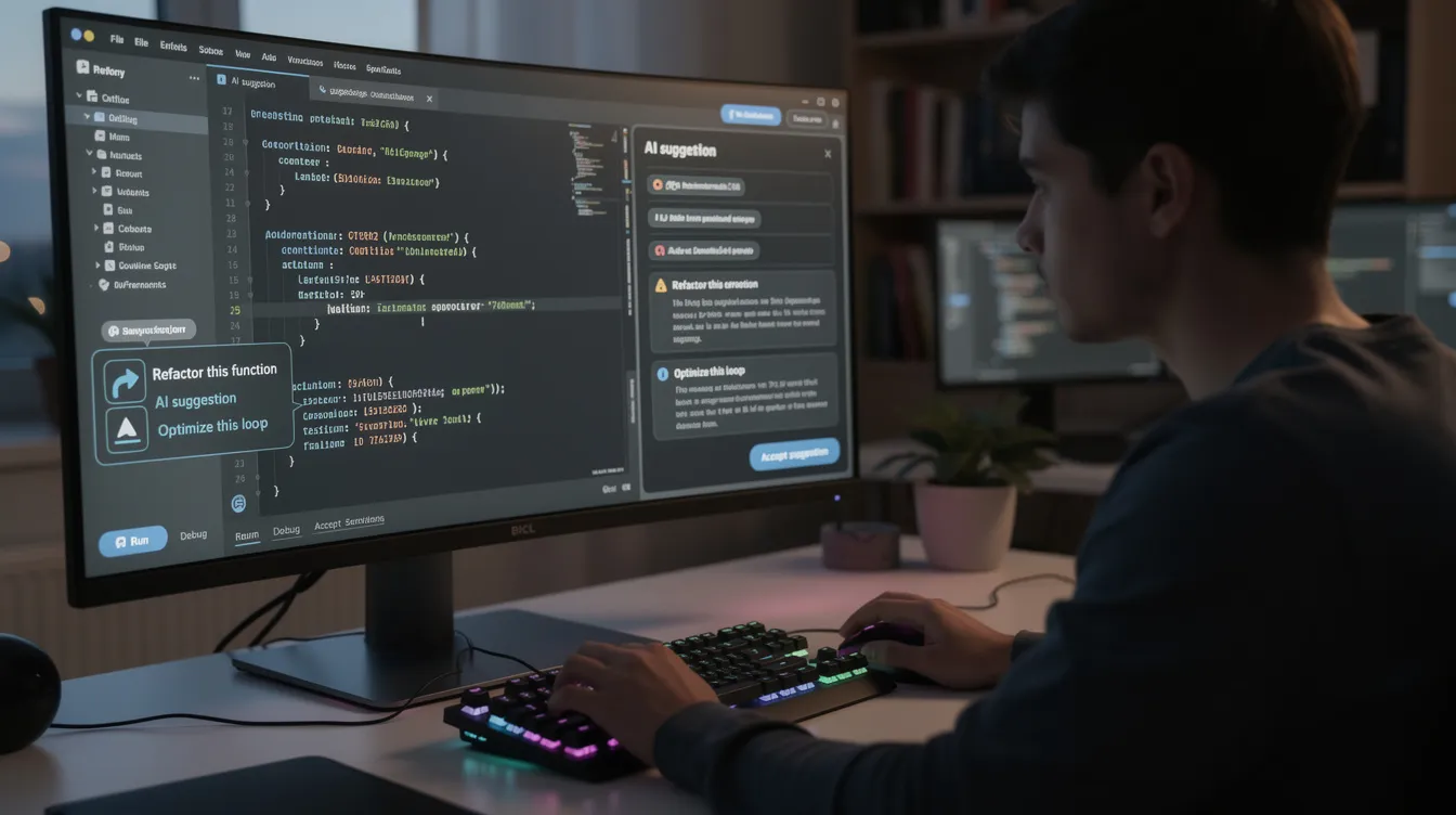 A person is focused on coding while AI suggestions are displayed on the screen, showcasing the integration of artificial intelligence in the software development process. The scene highlights the collaboration between software developers and AI technologies to enhance programming efficiency and code quality.