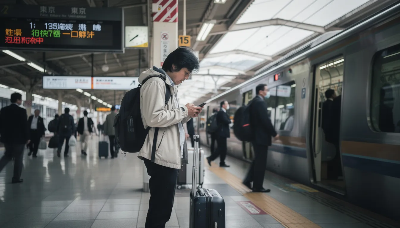 A traveler stands on a busy Japanese train station platform, intently using their smartphone to navigate with Google Maps, showcasing the importance of reliable internet access and high-speed data for exploring Japan. The scene captures the vibrant atmosphere of the station, highlighting the need for unlimited data plans to stay connected during their trip.