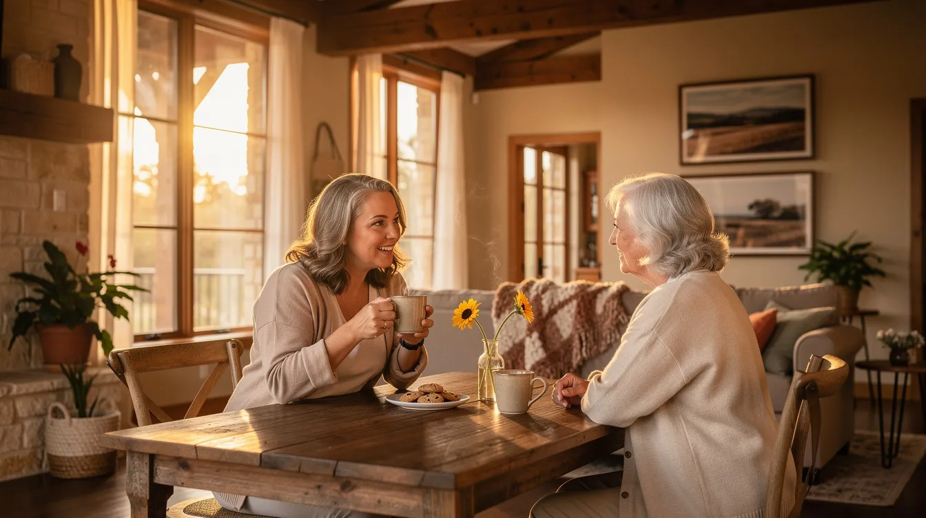 In a cozy Hill Country home, a caregiver and an elderly woman share a moment at a kitchen table, enjoying cups of coffee together. This scene reflects the warmth of in-home care, where compassionate caregivers provide personalized care plans to support the well-being of older adults.