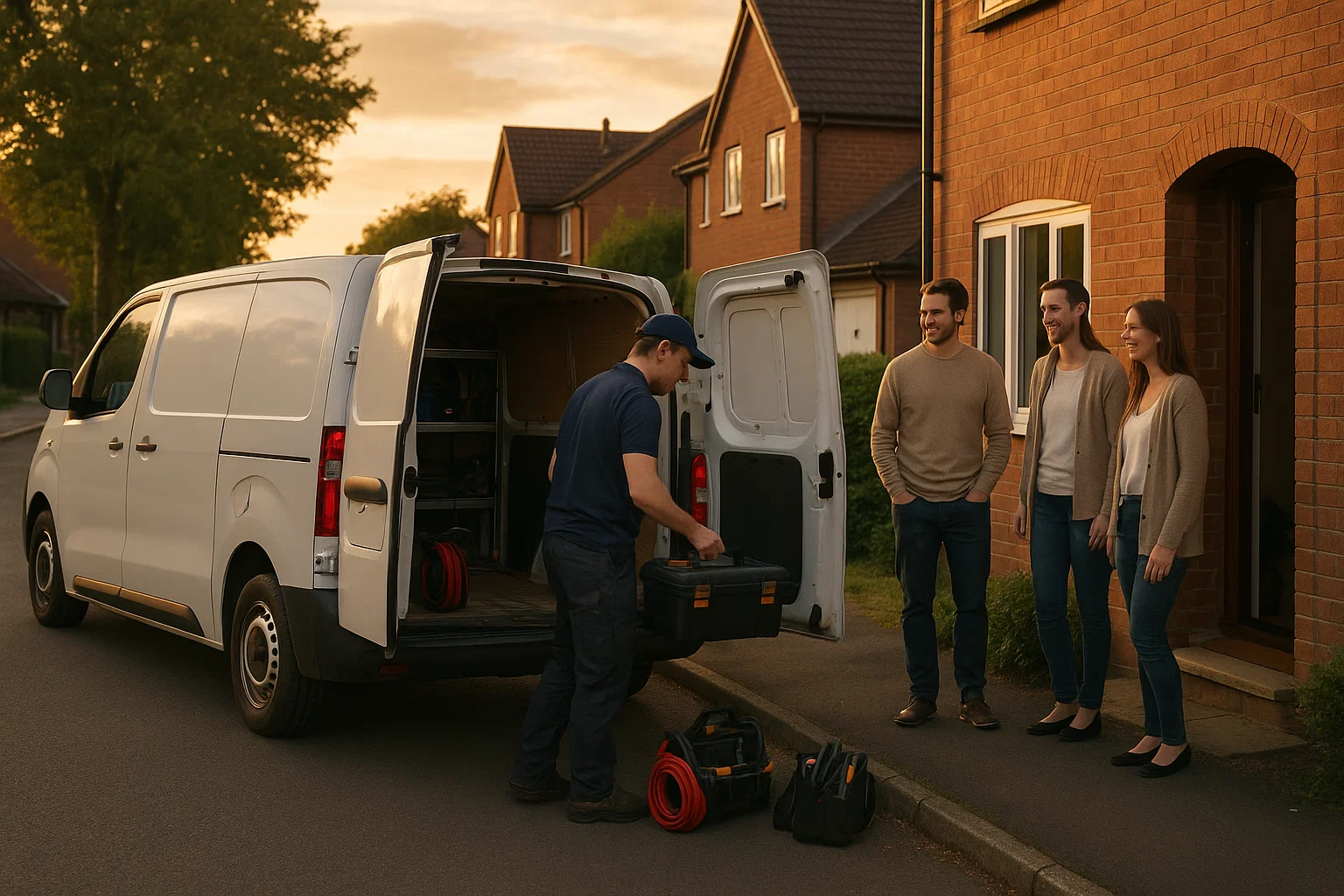 Local plumber chatting with customers on a Cheshire street after completing a job.