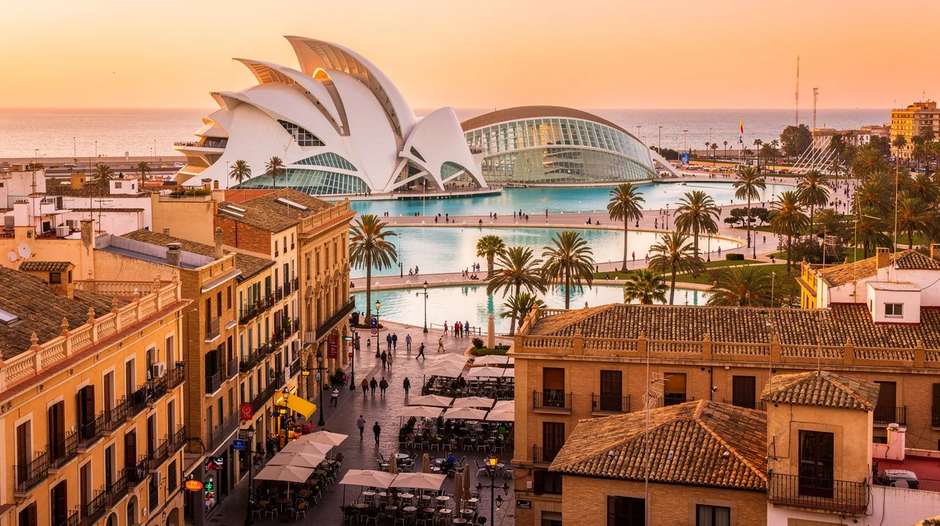 Imagem da cidade de Valência, na Espanha, destacando seu centro histórico com edifícios antigos e ruas charmosas. O clima ameno e a rica gastronomia, como a famosa paella, atraem visitantes para essa vibrante comunidade valenciana.