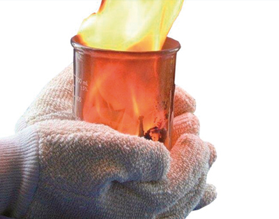 A picture of a person handling a hot beaker with protective gloves