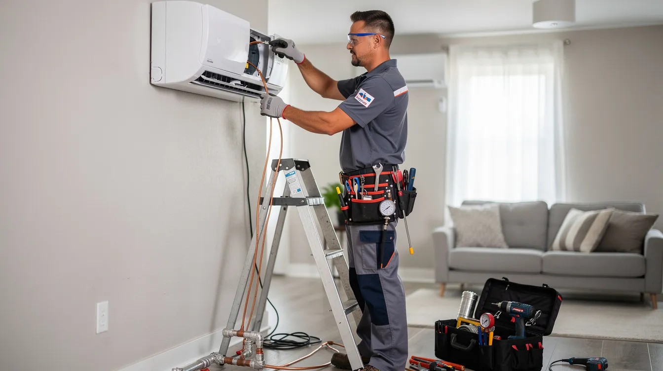 A professional HVAC technician is seen installing a central air conditioning unit, carefully connecting the outdoor unit to the existing ductwork. This installation aims to enhance energy efficiency and improve the cooling power of the home’s HVAC system.