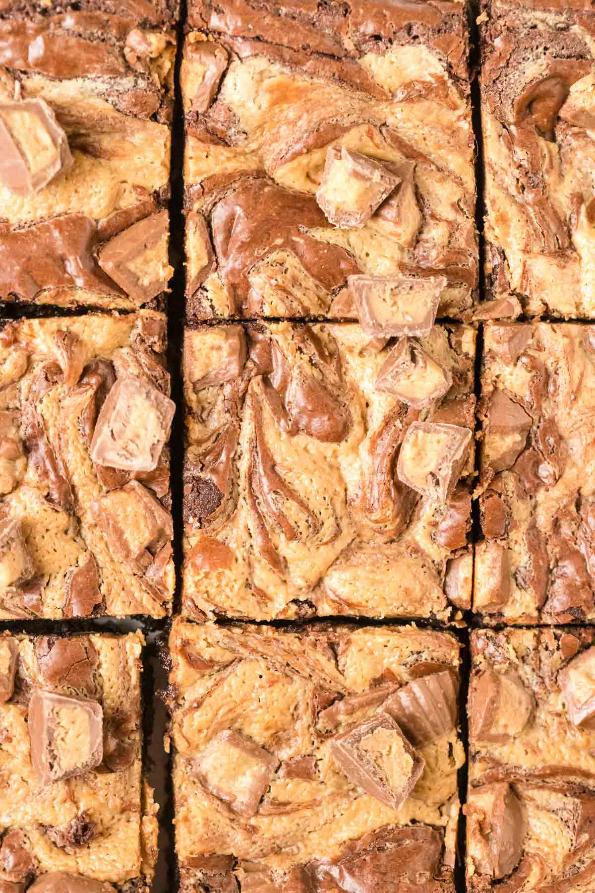 peanut butter swirl brownies cut into squares