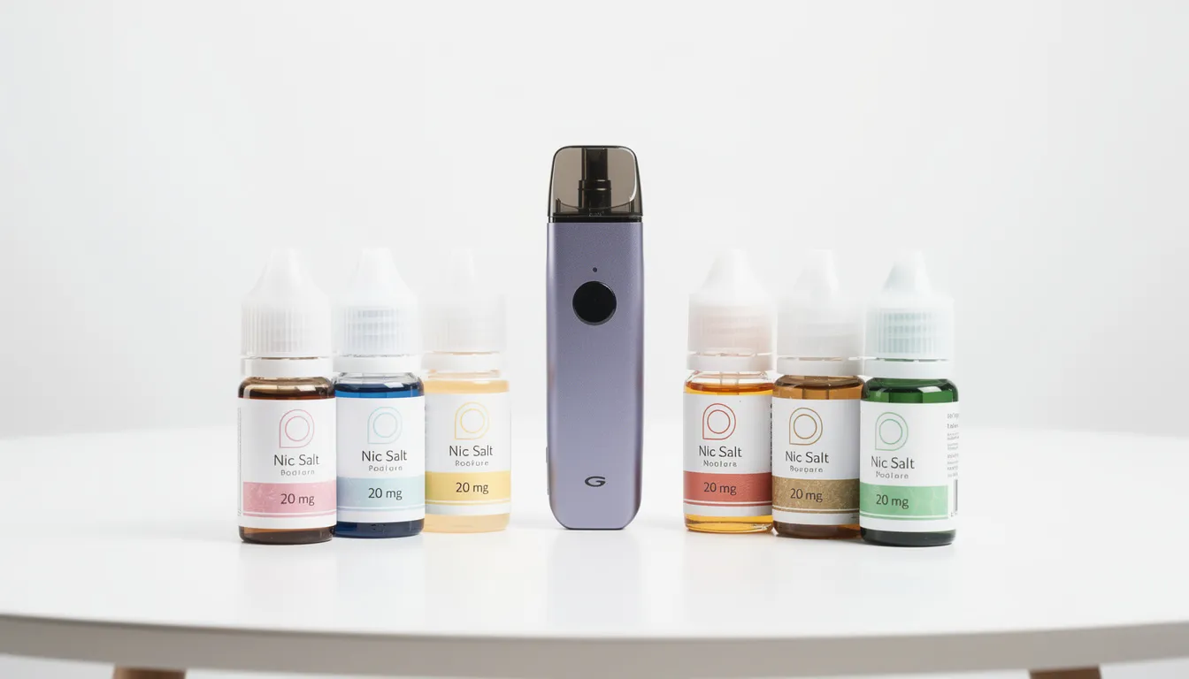 The image features a pod vape kit placed next to several bottles of nic salt e liquids, showcasing various flavors like banana ice and watermelon ice, which are ideal for proper device pairing. This setup highlights the importance of using nicotine salts for a smooth throat hit and efficient nicotine intake.