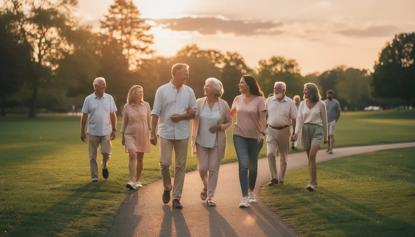 A diverse group of friends of varying ages walks together in a lush green park during sunset, illuminated by warm light, capturing a moment of connection and movement that symbolizes hopeful aging and the principles of a blue zones lifestyle. Their camaraderie reflects the importance of supportive social networks and healthy behaviors that contribute to longevity and well-being.