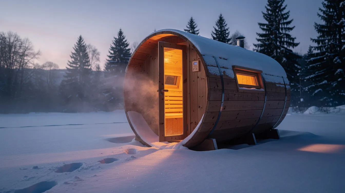 An outdoor barrel sauna, surrounded by a blanket of snow, emits a warm glow from its windows at dusk, creating a cozy atmosphere. The traditional sauna heater inside is ready to provide a relaxing sauna experience, perfect for warming up in winter.