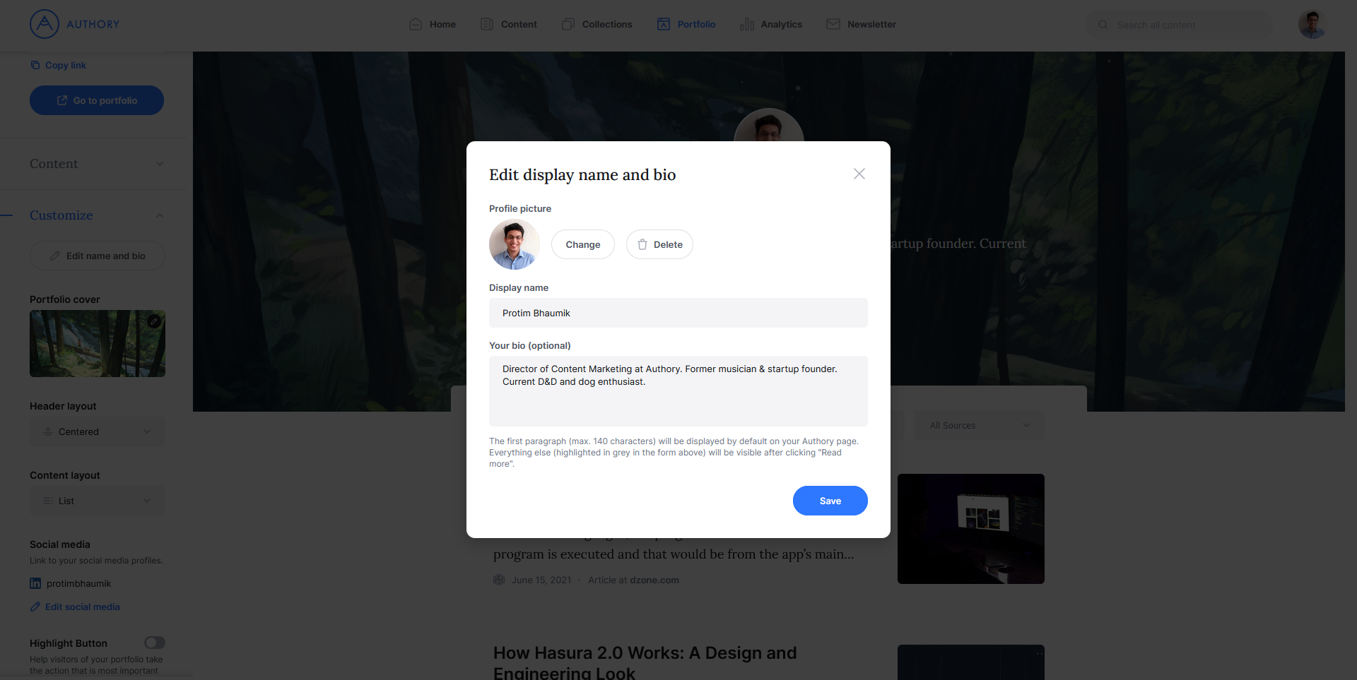 Editing your name and bio on Authory