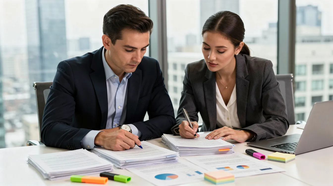 Two business professionals are seated at a conference table in an office, engaged in a detailed review of a stack of documents and contracts, likely discussing contractual obligations and potential termination clauses related to business relationships. The atmosphere suggests a serious consultation regarding legal implications and the need for proper legal guidance in contract disputes.