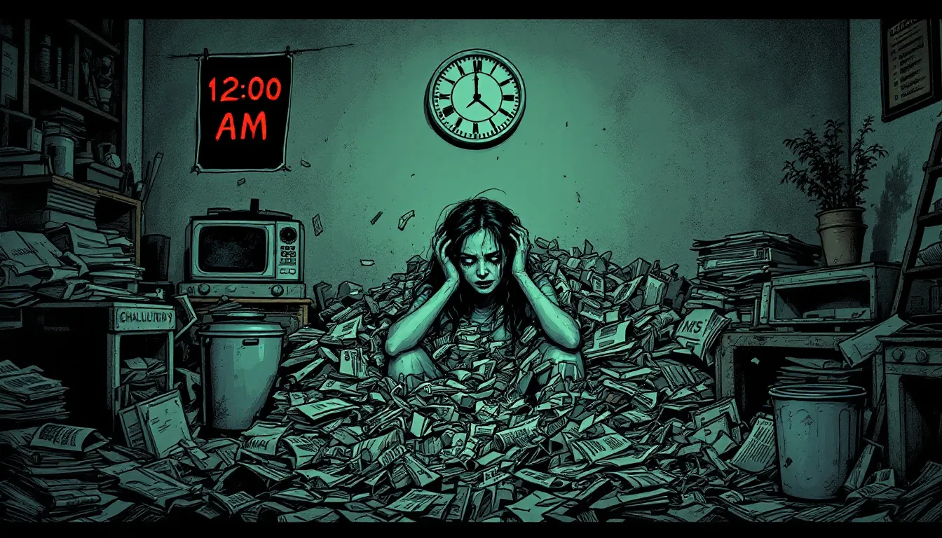 A person feeling overwhelmed while dealing with clutter, representing the psychological challenges faced by hoarders.