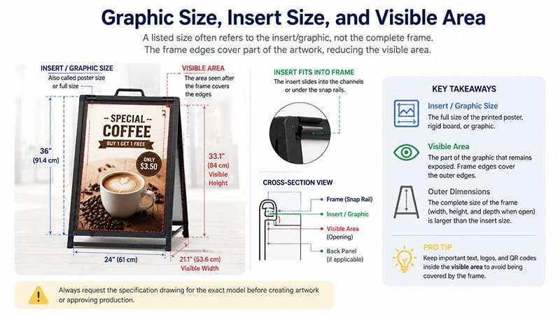 Diagram comparing A-frame graphic size, visible area, insert fit, and complete outer dimensions