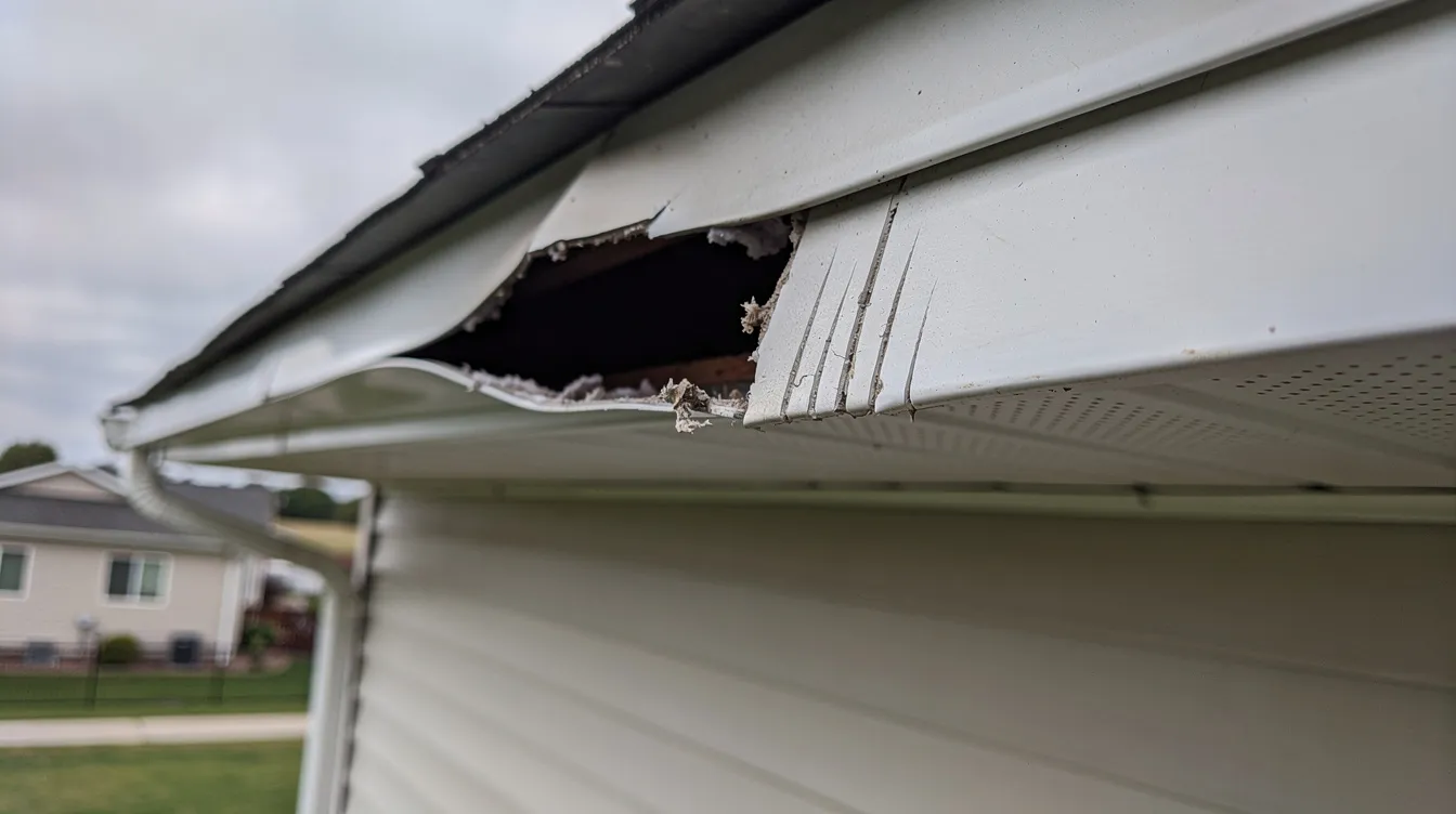 The image shows a damaged soffit panel on a suburban house, revealing a gap where the roofline meets the wall, with visible claw marks indicating potential entry points for wild animals like raccoons or squirrels. This damage can lead to a wildlife problem, allowing uninvited guests to access the attic, posing health risks and damaging insulation.