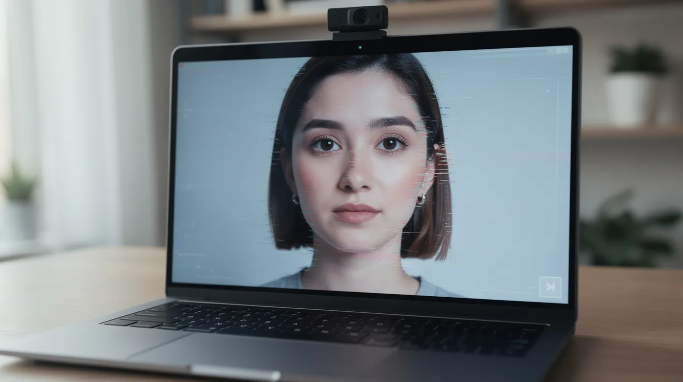 The image depicts a person participating in a video conference call, with subtle digital distortion effects surrounding their face, highlighting concerns around deepfake technology and its implications for digital trust. This visual representation emphasizes the challenges of authenticity in digital systems, where deepfake threats can create fake identities and manipulate reality.