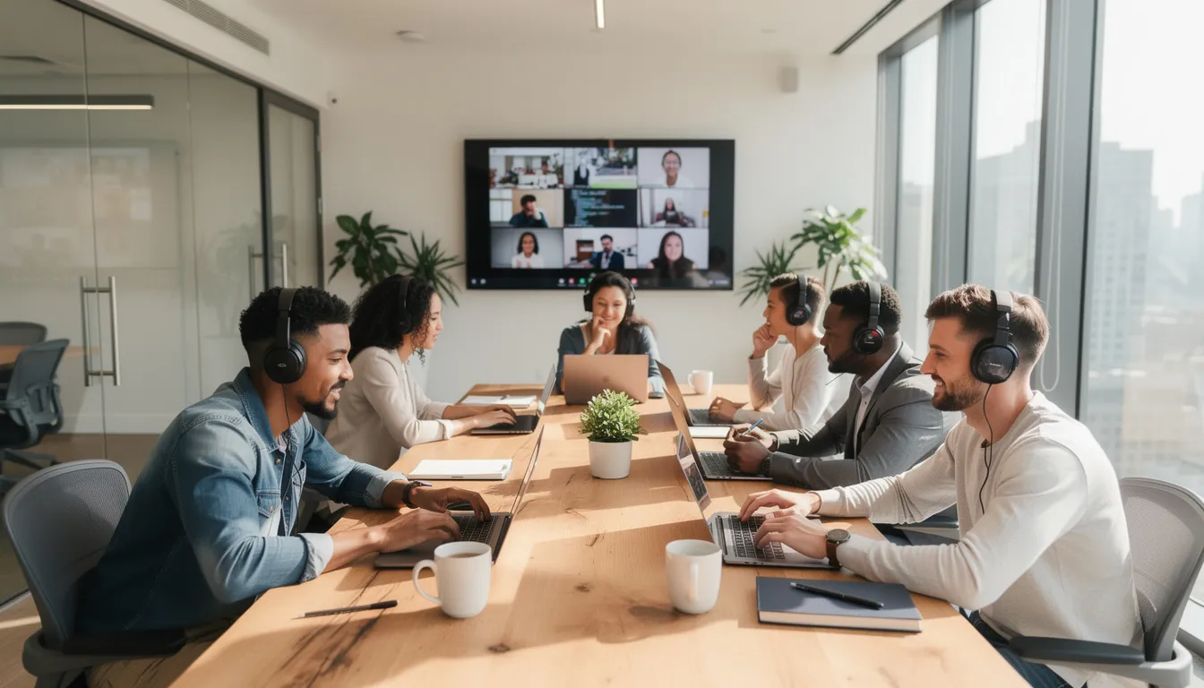 The image depicts remote software developers collaborating on laptops in a modern office space, showcasing an augmented team of skilled professionals working together to achieve project success. The environment reflects a blend of in-house team members and external professionals, emphasizing seamless integration and effective project management for complex software development projects.