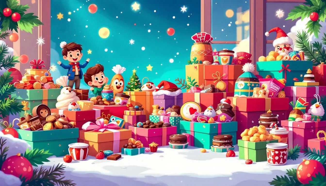 Delicious treats as stocking stuffers, including chocolates and snacks.