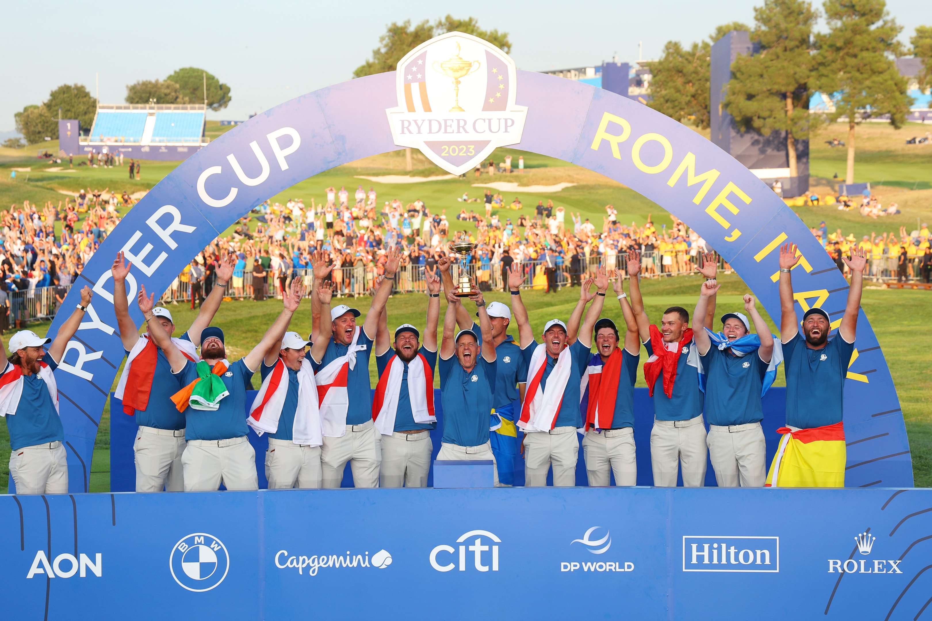 Luke Donald, Captain of Team Europe lifts the Ryder Cup trophy following victory with 16 and a half to 11 and a half win during the Sunday singles matches of the 2023 Ryder Cup at Marco Simone Golf Club on October 01, 2023 in Rome, Italy.