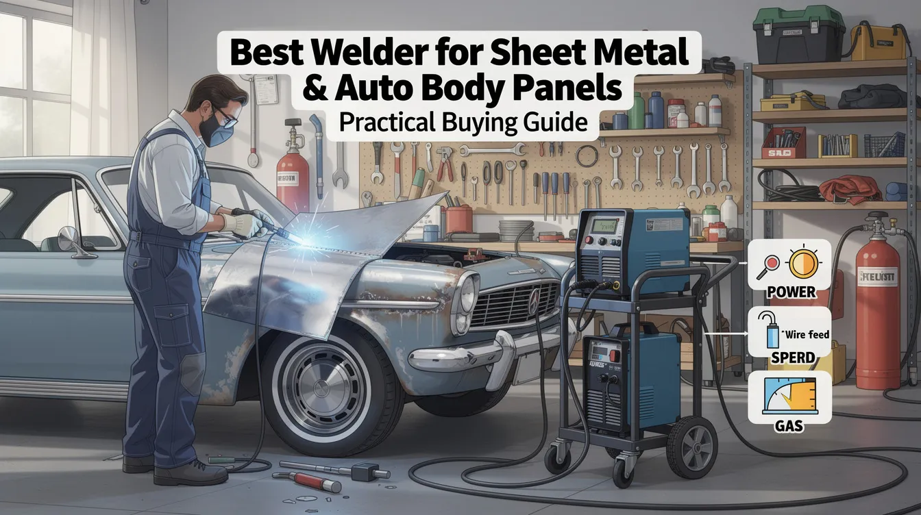 The image features a selection of welding machines designed for sheet metal work, including MIG, TIG, and stick welders. Various tools and safety equipment, like welding helmets and clamps, are also displayed, emphasizing their importance for working with thin sheet metal and auto body panels.