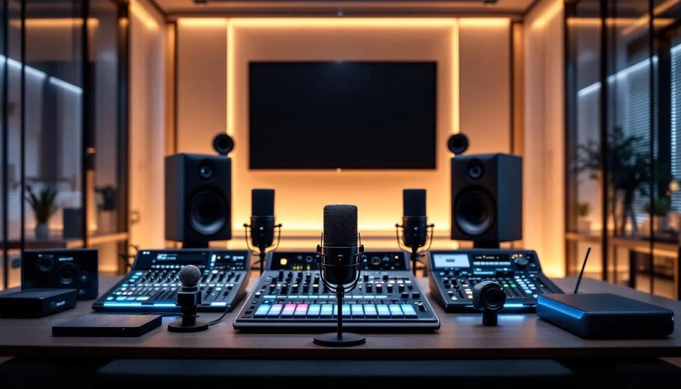 Mikrofone und Audiotechnik in einem Tonstudio.