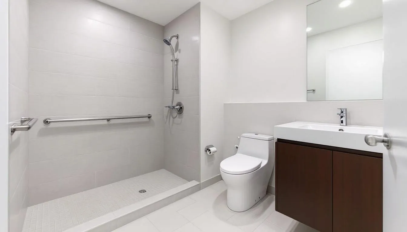 Modern accessible bathroom featuring a roll-in shower with grab bars, a wall-mounted sink, and a high-efficiency toilet, designed for safety and convenience in handicap renovations.