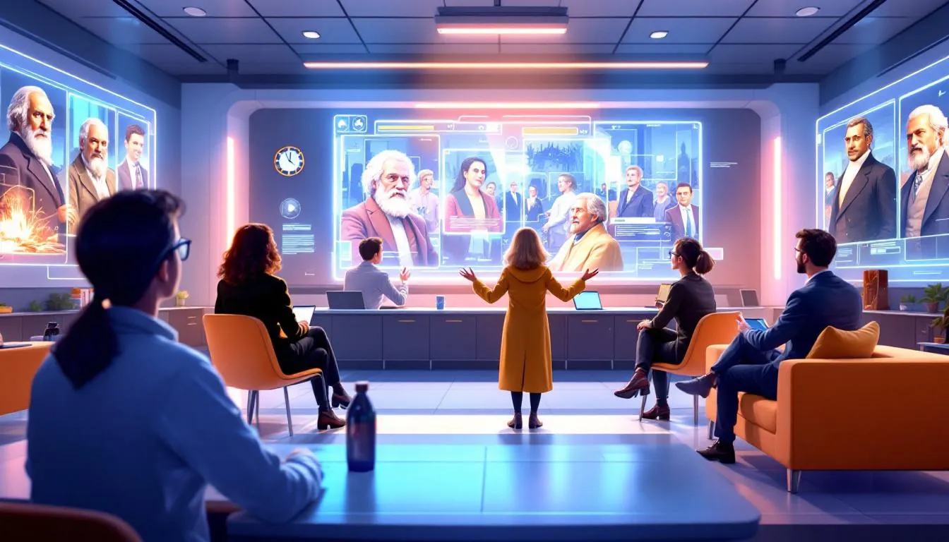 In this image, a diverse group of students engages with a conversational AI platform, exploring historical figures through interactive technology. The scene emphasizes the integration of AI in education, showcasing how learners can adapt their understanding of history to their personal experiences while enhancing engagement and insights.