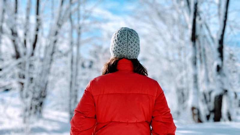 A person in a red jacket and a grey hat walks through a snowy forest.