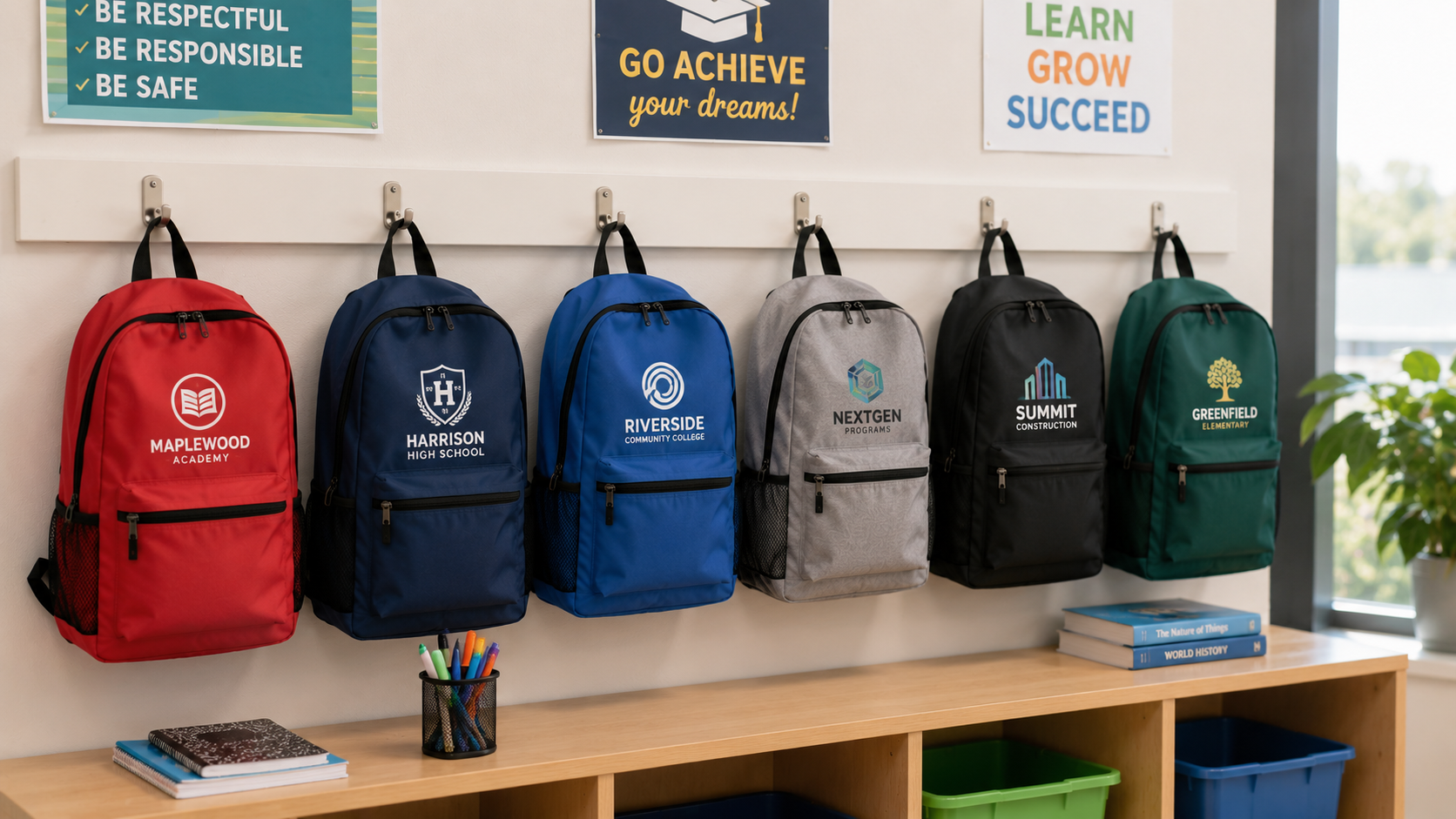 Colorful school backpacks hanging above books and classroom supplies