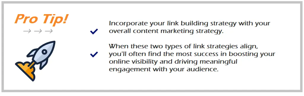pro tip with rocket ship icon - link building and content marketing work hand in hand synergistically 