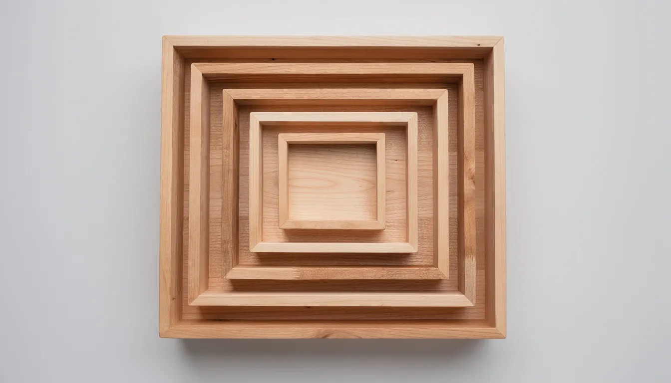 The image features a series of nested wooden boxes of varying sizes, each fitting neatly inside the other, creating an organized and harmonious pattern. This arrangement symbolizes the concept of customization options available in the Shopify theme editor, where users can easily create structured layouts for their online store.
