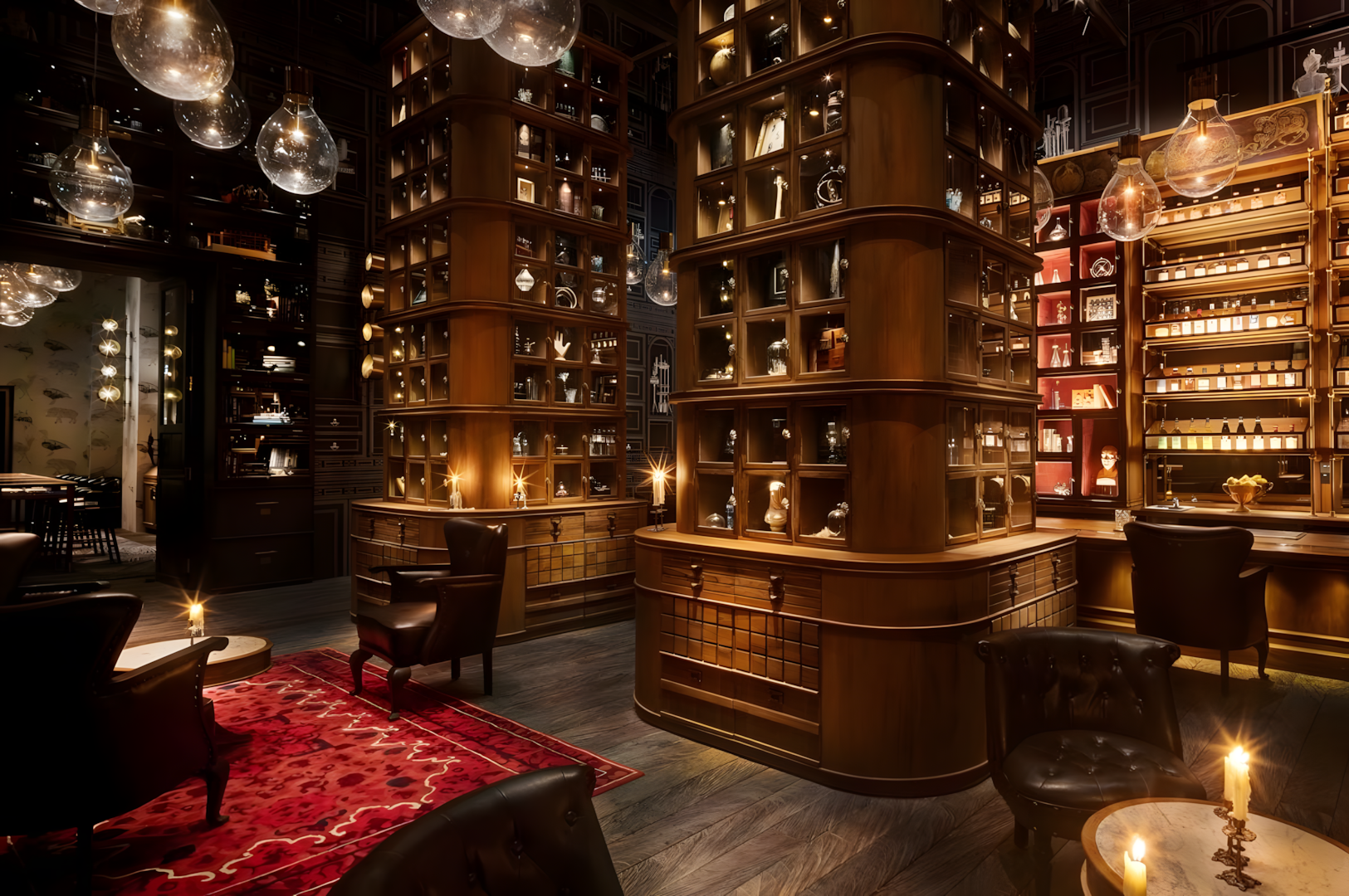 Dimly lit, vintage-style library-like interior with wooden shelves displaying bottles and artifacts. Features leather chairs, a red rug, and hanging glass lights. Cozy and elegant atmosphere.