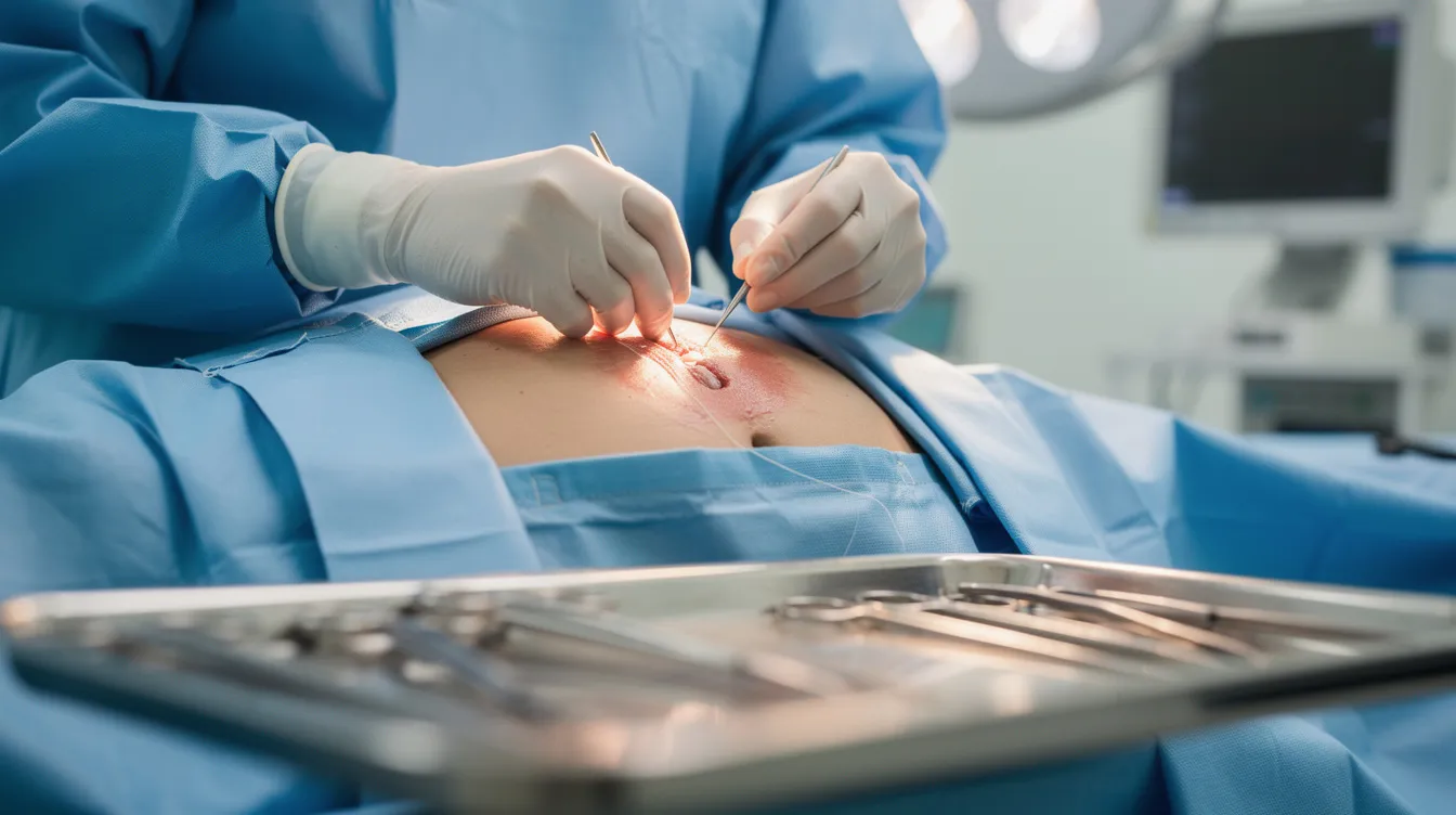 The image shows a surgeon's hands skillfully placing sutures during a tummy tuck surgery in a sterile operating room, focusing on the abdominal area to secure the skin and fat layers while minimizing the risk of fluid accumulation. The technique used may involve progressive tension sutures, contributing to a smoother recovery process.