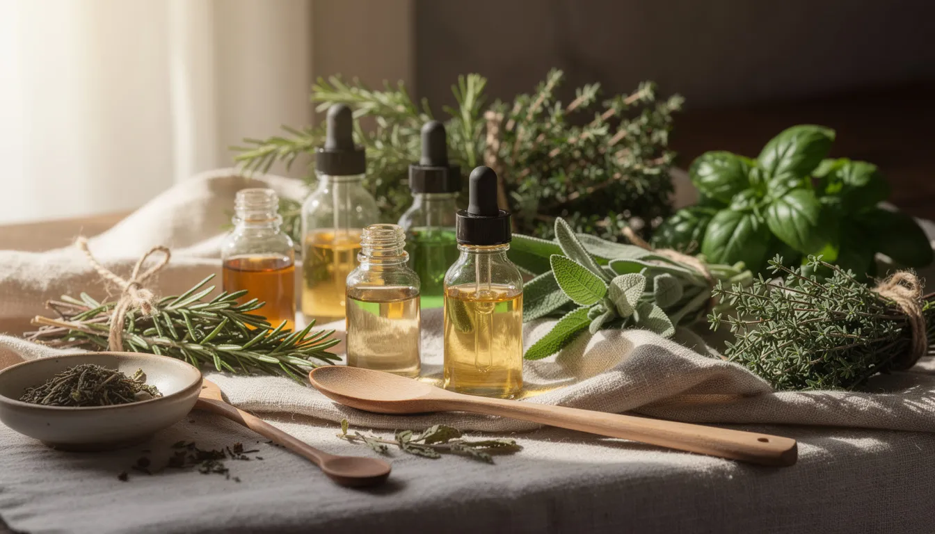 The image features a collection of botanical herbs and oils elegantly arranged on a soft linen cloth, illuminated by gentle morning sunlight, highlighting their natural beauty. This composition reflects the essence of clean skincare, showcasing organic ingredients that are beneficial for sensitive skin and free from potentially harmful ingredients.
