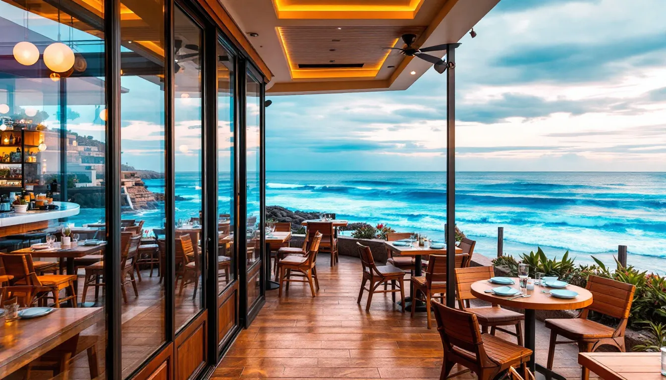 Um restaurante à beira-mar na Praia de Ilhota oferece uma vista panorâmica do oceano, destacando a beleza do litoral catarinense. O local é ideal para turismo e lazer, refletindo as características da infraestrutura da região.
