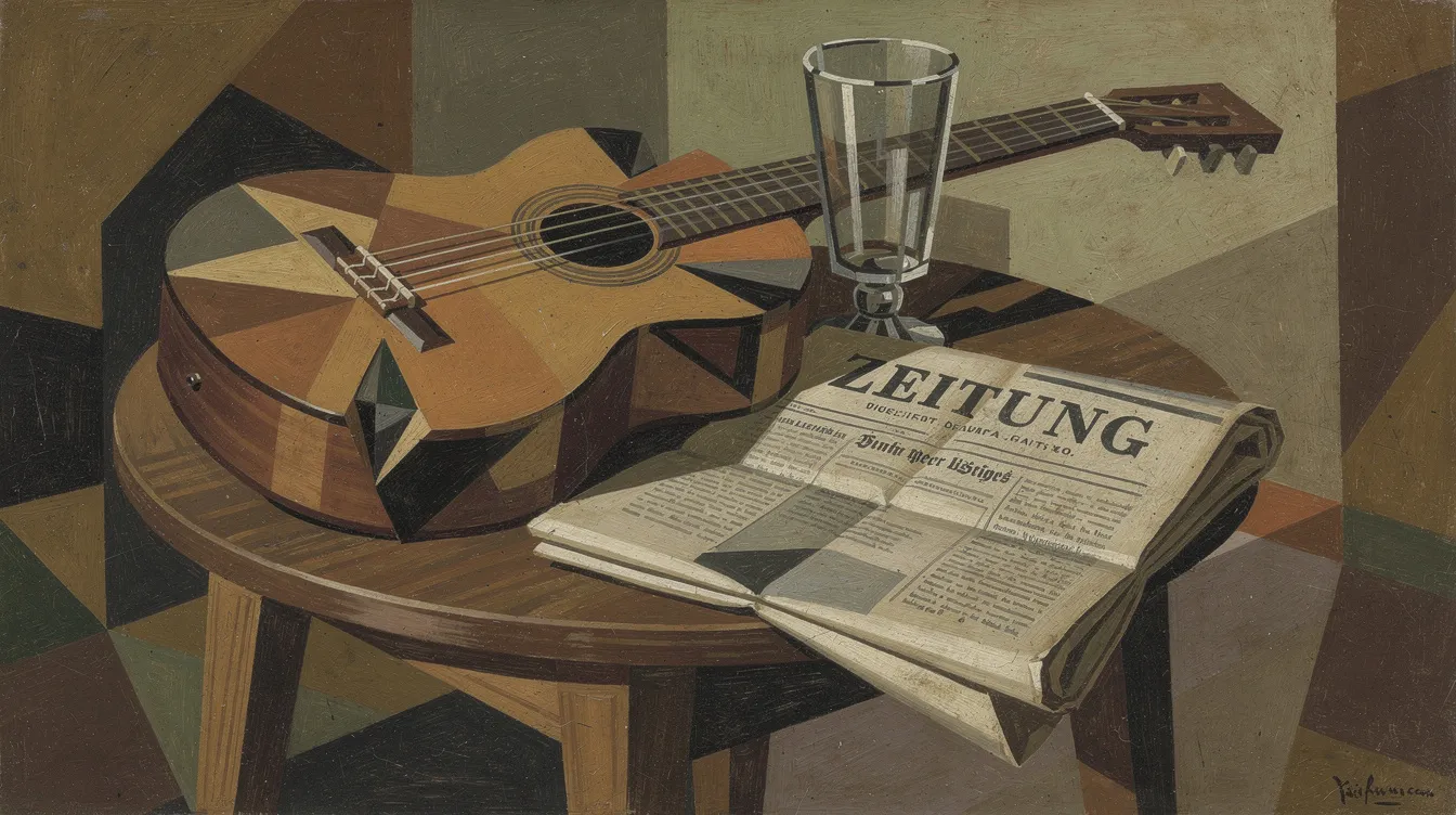 Das kubistische Stillleben zeigt eine Gitarre, ein Glas und eine Zeitung in erdigen Farbtönen auf einem runden Tisch. Die Darstellung der Objekte ist durch geometrische Formen und verschiedene Perspektiven geprägt, was an die Werke von Picasso und Braque erinnert.