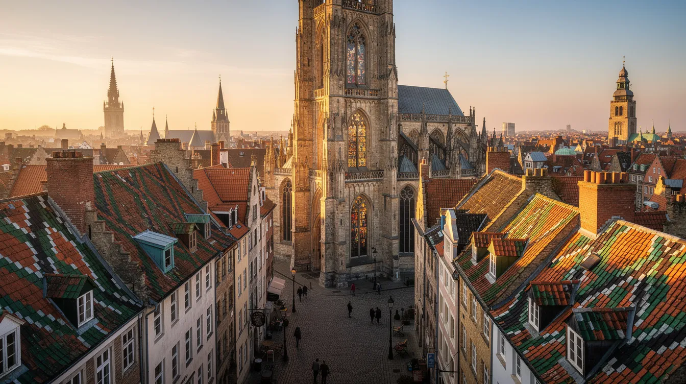 A imagem retrata uma cidade histórica na Croácia, destacando uma imponente catedral gótica com telhados de cerâmica colorida que adornam as construções ao redor. As passagens estreitas e charmosas da cidade evocam um clima mediterrâneo, convidando à exploração de sua rica cultura e história.