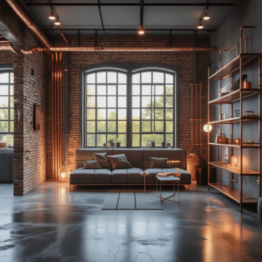 Industrial-style living room featuring exposed brick walls, large windows, modern sofa, metal shelving, and warm ambient lighting.