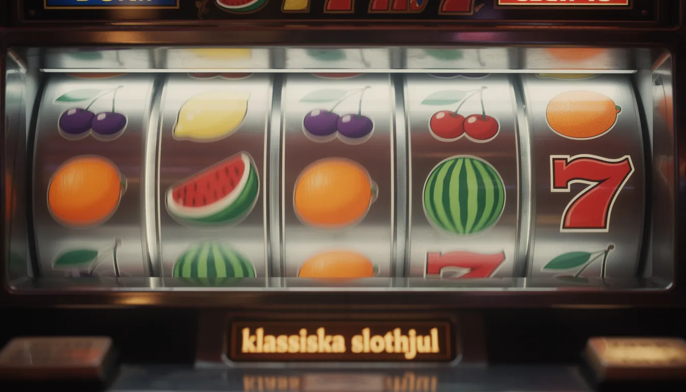 Bildbeskrivning: Klassiska slothjul snurrar med färgglada frukt-symboler, vilket skapar en livlig atmosfär av spänning och underhållning. Dessa slots med hög rtp erbjuder spelare möjligheten att vinna bonusar och free spins i en typisk casinomiljö.