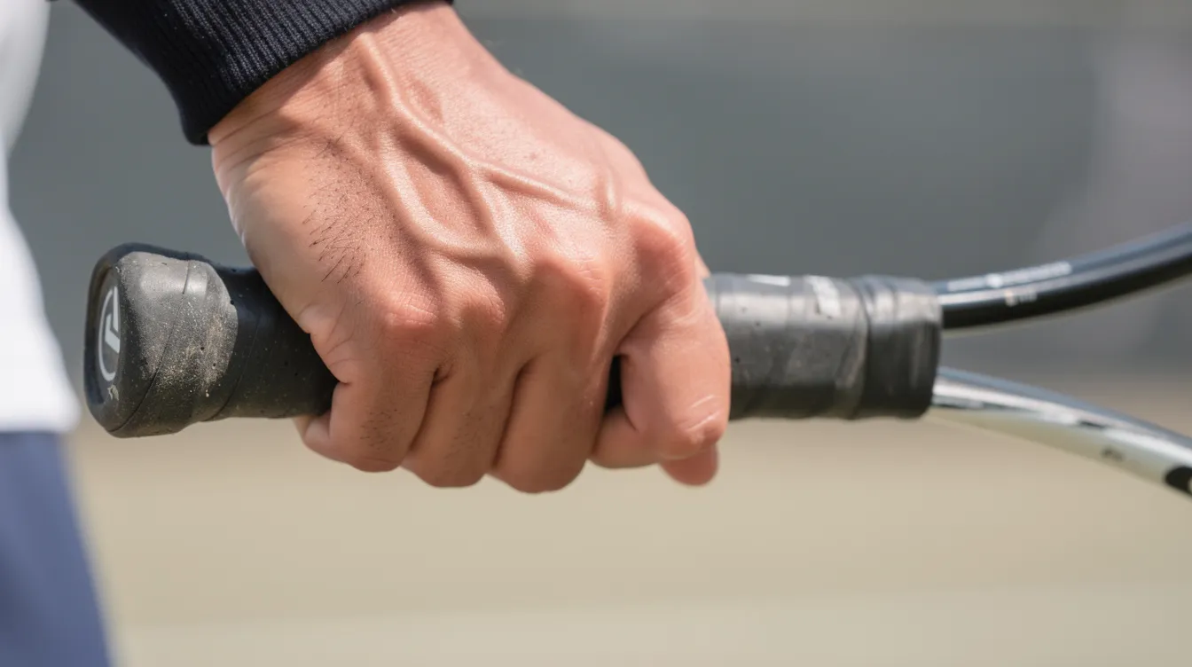 A close-up image captures a tennis player's hand gripping the racquet handle, showcasing the finger placement on the bevels from a side angle. The focus on the grip emphasizes the importance of achieving a good contact point to generate power and control during the swing.
