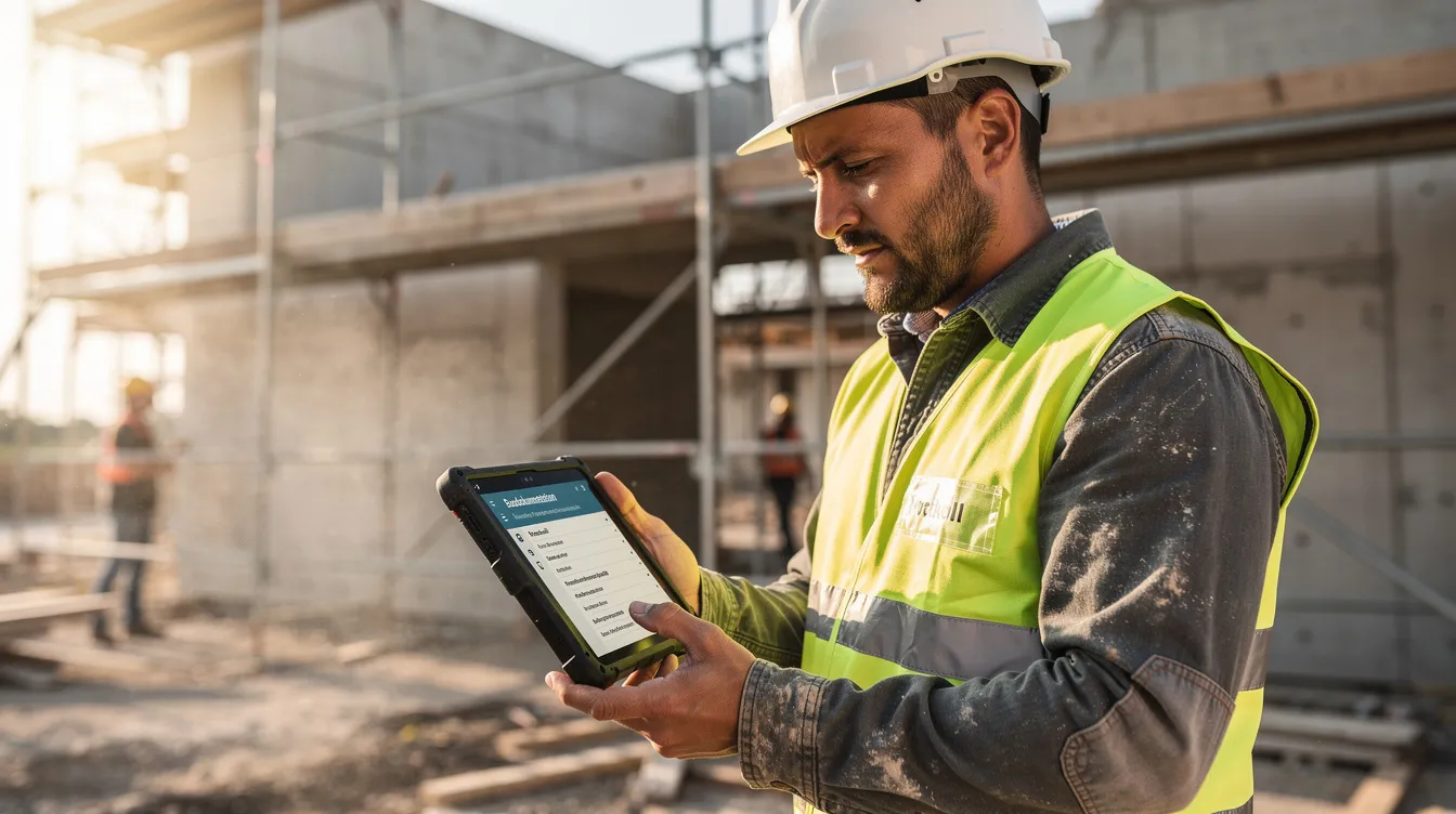 Ein Handwerker steht auf einer Baustelle und nutzt ein Tablet zur Dokumentation seiner Arbeit, wobei er wichtige Aufgaben und Materialien festhält. Diese moderne Vorgehensweise zeigt die Integration von KI-Tools im Handwerk, um die Büroarbeit und die Terminplanung effizient zu gestalten.