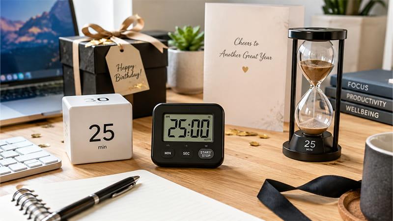 Desktop focus timers in cube, digital, and sand timer styles arranged as a birthday gift for remote work and study sessions