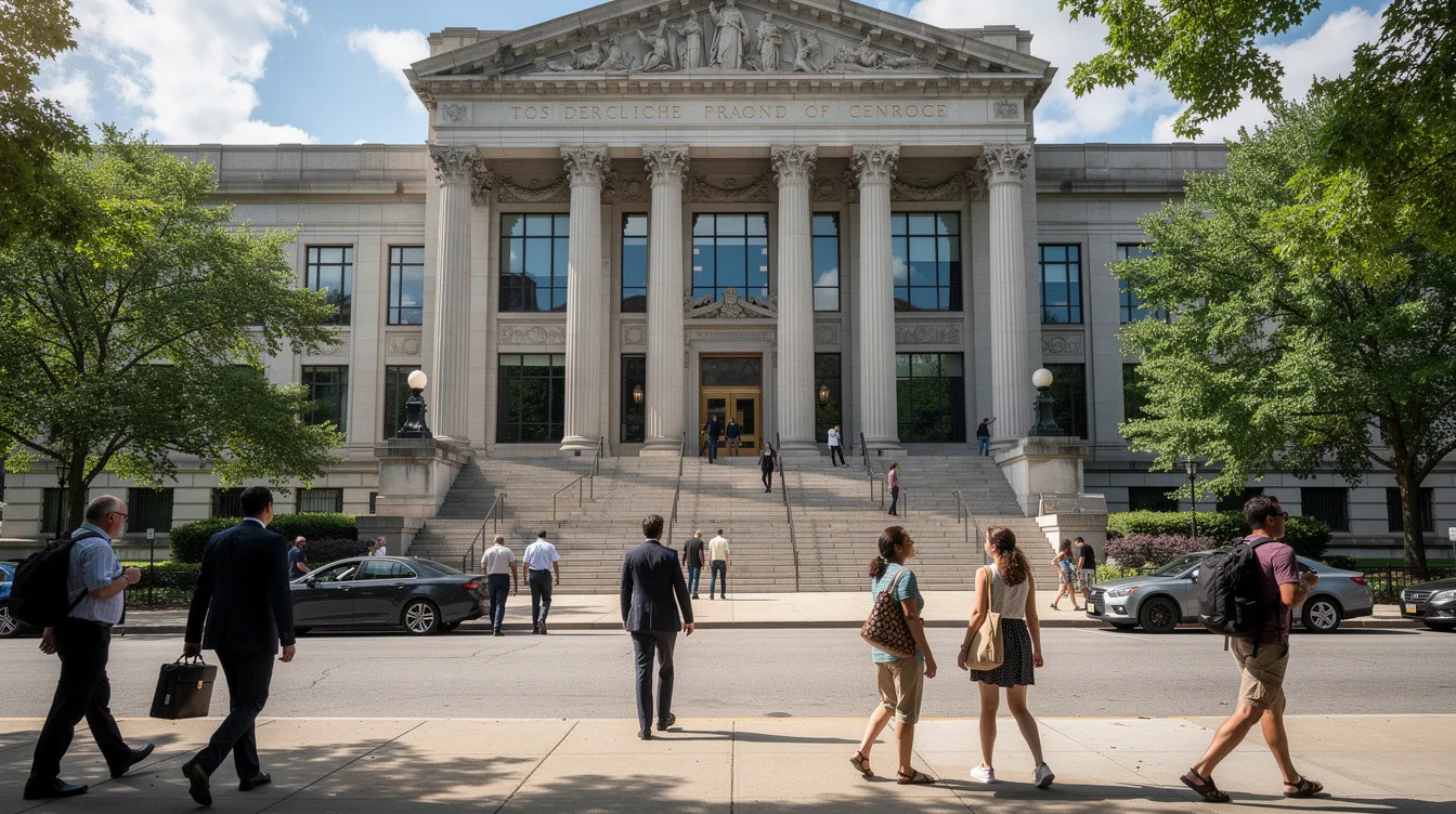 The image shows the exterior of a courthouse with several people walking nearby, some of whom appear to be discussing various legal matters, possibly related to gun laws and state legislation. The setting reflects the importance of law enforcement and the legal system in addressing issues such as self-defense and the rights outlined in the United States Constitution.