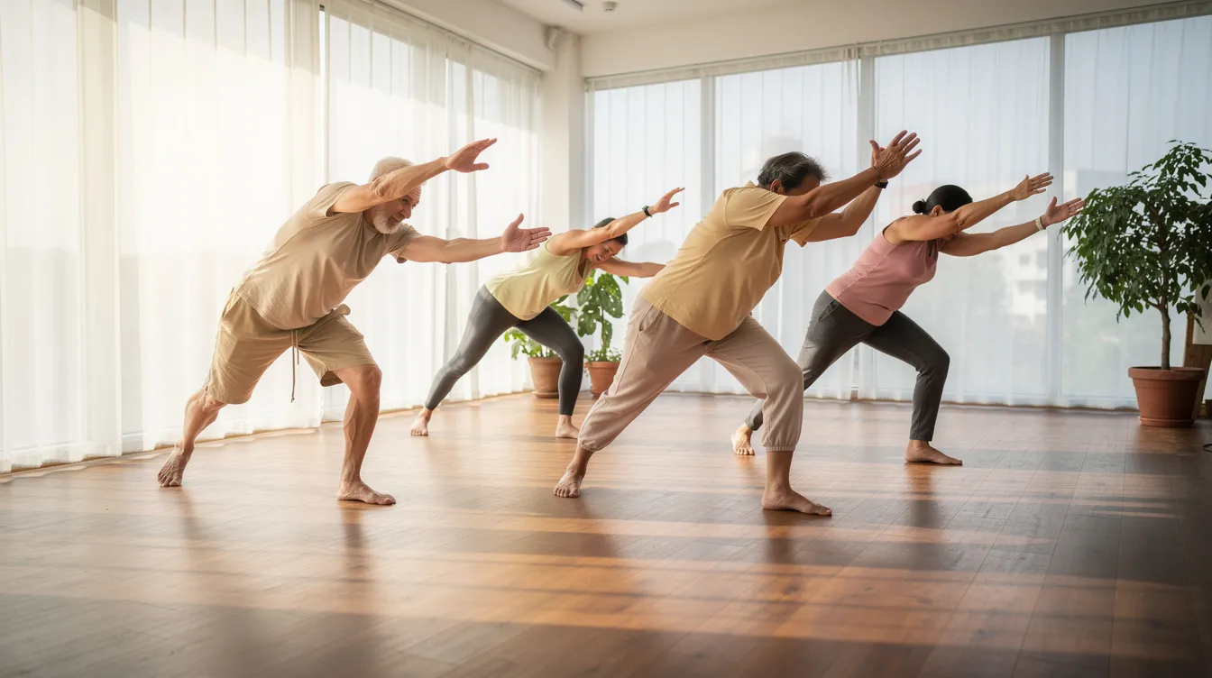 A small group of individuals is engaging in gentle stretching exercises in a sunlit studio with wooden floors, promoting nervous system regulation and supporting both mental and physical health. The serene environment encourages relaxation, helping to alleviate stress and restore balance to the body and mind. A small group of individuals is engaging in gentle stretching exercises in a sunlit studio with wooden floors, promoting nervous system regulation and supporting both mental and physical health. The serene environment encourages relaxation, helping to alleviate stress and restore balance to the body and mind.