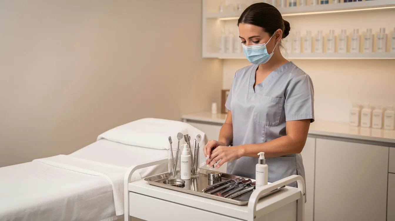 A licensed aesthetic professional is meticulously arranging skincare tools next to a clean treatment bed, preparing for various treatments that may include dermal fillers and chemical peels, aimed at achieving glowing skin for clients. The setup reflects a med spa environment, conveniently located in Exton, PA, where clients can expect a consultation to discuss their skincare goals and plan for hydration and wrinkle reduction.