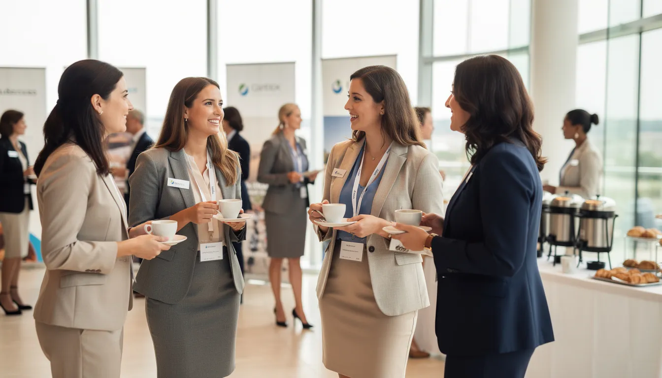 A group of professional women are networking at a corporate event, standing in small clusters while holding coffee cups and engaging in conversation. This setting reflects a celebration of women's achievements and the importance of supporting female employees in their professional journeys, especially in honor of International Women's Day.