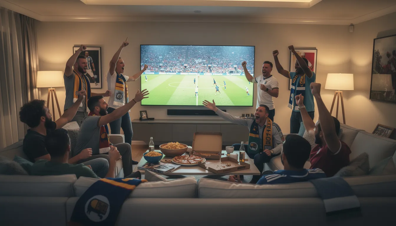 En grupp entusiastiska sportfans samlas i ett vardagsrum för att titta på en match på en stor skärm, där spänningen och jublet fyller rummet. Atmosfären är elektrisk, och de hejar på sitt lag med stor entusiasm, vilket skapar en gemenskap kring sporten.