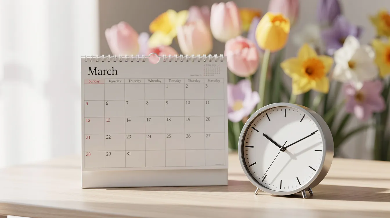 The image depicts a calendar page for March, adorned with vibrant spring flowers in the background, alongside a clock that indicates the time. This scene reflects the transition into spring, an important period in various countries, including Peru, where people often engage in outdoor activities and research about seasonal changes.