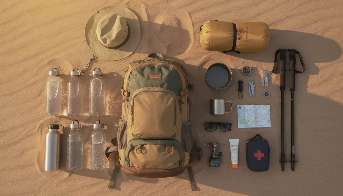 A well-organized display of essential desert expedition gear is laid out, featuring a sturdy backpack, multiple water bottles, a wide-brimmed hat, and various camping equipment including a sleeping bag and first aid kit, all crucial for a successful adventure in the Sahara Desert. The items reflect the preparation needed for exploring the vast expanse of sand dunes and ensuring a safe and enjoyable walking tour.