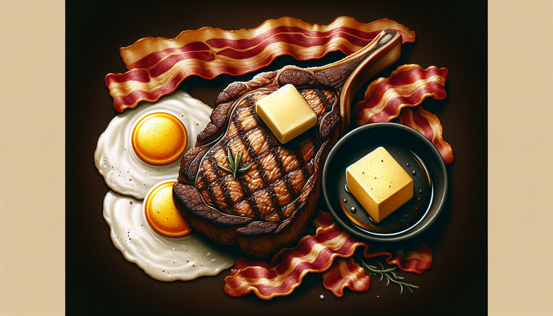 Illustration of beef, bacon, butter, and eggs